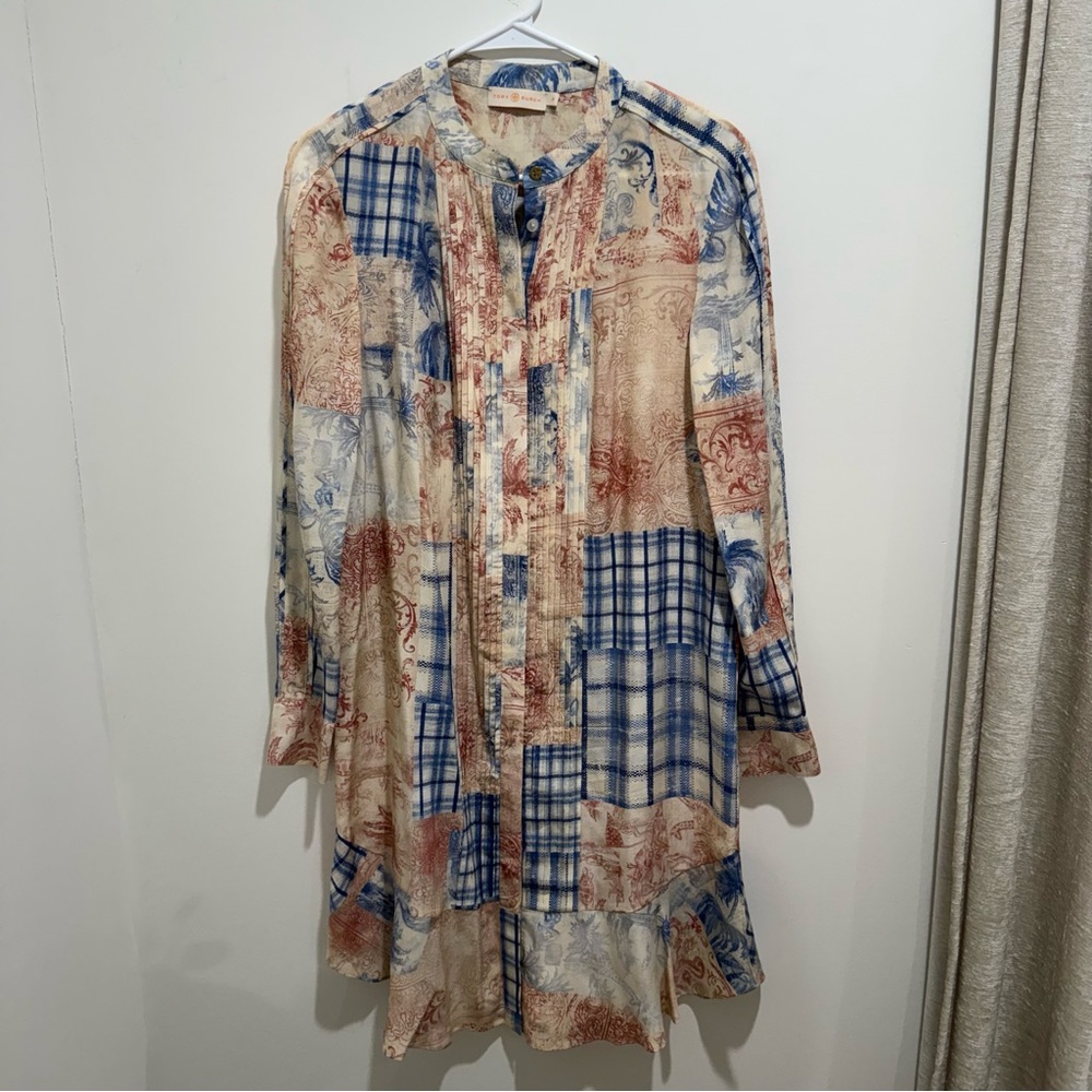 Tory‎ Burch Patchwork Silk Shirt Dress Size 6 Blue Red Toile Plaid